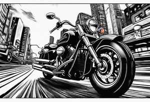 cards fanned over a city with a motorcycle on the road tattoo idea