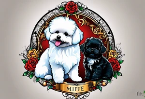 A white Bichon frise with a black pomeranian and a black golden doodle with the words “MFer 4 Life” tattoo idea