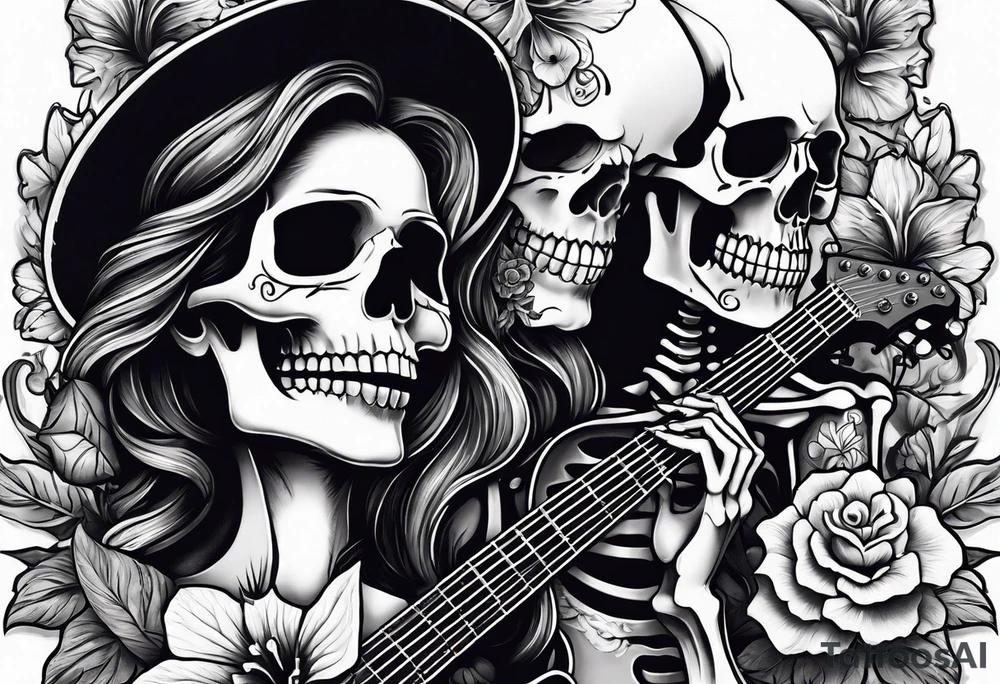 a female skeleton holding a hibiscus flower and a male skeleton playing a guitar. tattoo idea