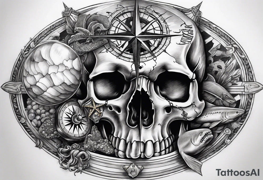 Nautical pirate themed compass surrounded by a skull, oyster with pearl, shark and starfish tattoo idea