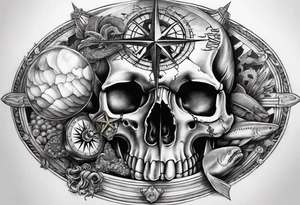 Nautical pirate themed compass surrounded by a skull, oyster with pearl, shark and starfish tattoo idea