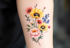 Small watercolour style bunch of wild flowers including lillium orientalis, sunflowers, poppies and peonies to be placed on forearm. Use the watercolour style with no outline on the florals. tattoo idea