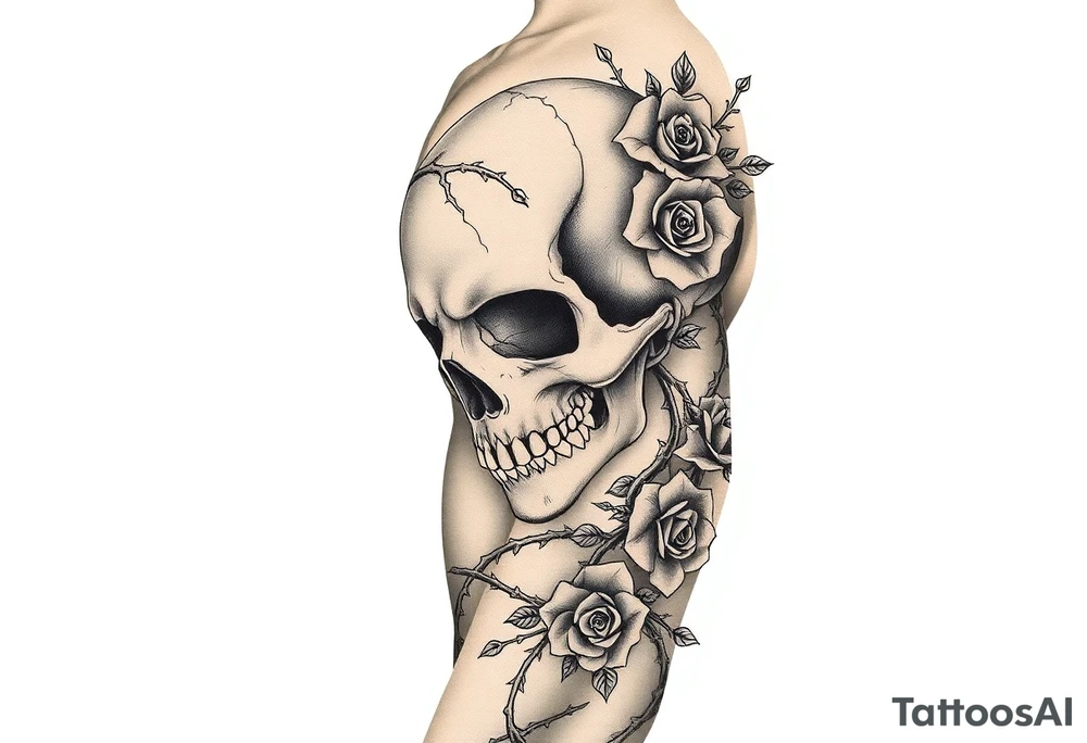 gothic skull intertwined with climbing roses and thorny vines tattoo idea