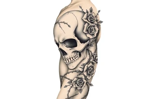 gothic skull intertwined with climbing roses and thorny vines tattoo idea