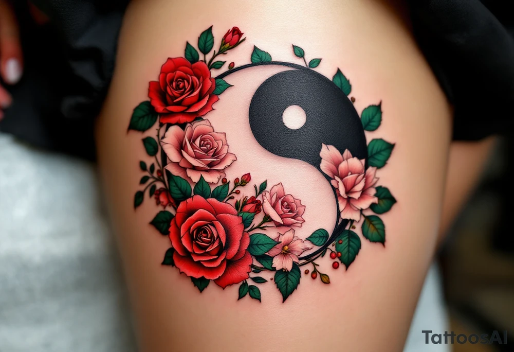 A yin-yang symbol formed from roses and ivy, using deep red, forest green, and soft pinks.
Placement: Shoulder blade or thigh. tattoo idea