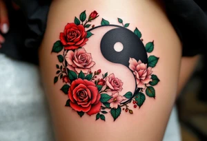 A yin-yang symbol formed from roses and ivy, using deep red, forest green, and soft pinks.
Placement: Shoulder blade or thigh. tattoo idea