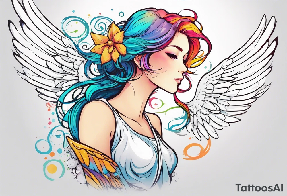 anime style art, girl angel side profile, with wings, with floating halo, anime style tattoo idea