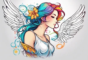 anime style art, girl angel side profile, with wings, with floating halo, anime style tattoo idea