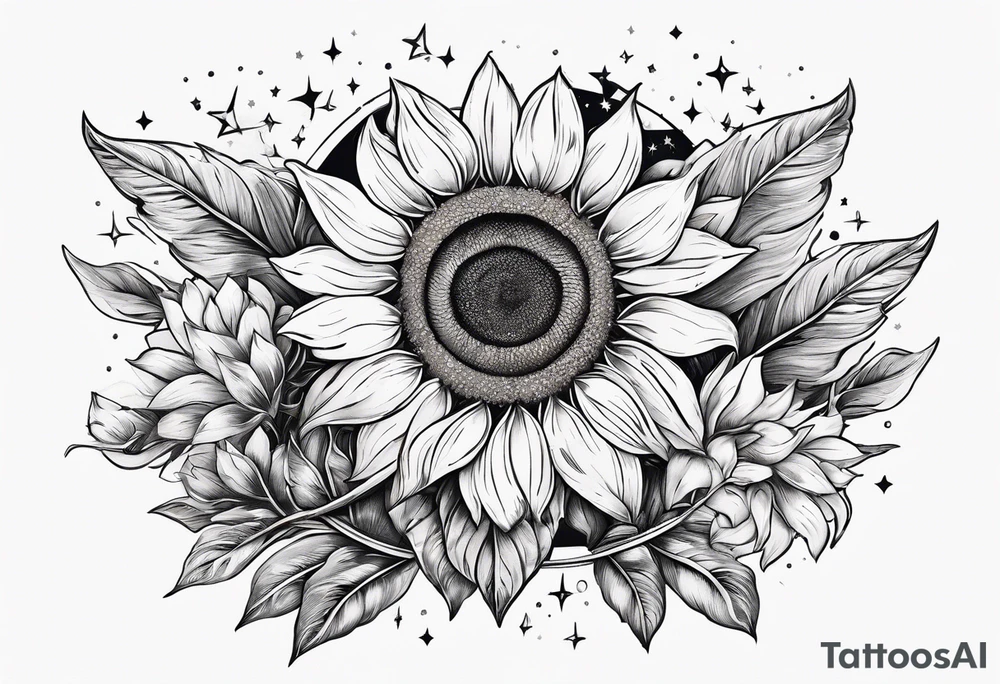 elegant tattoo design with sunflower surrounded by circle of little stars and arrow tattoo idea