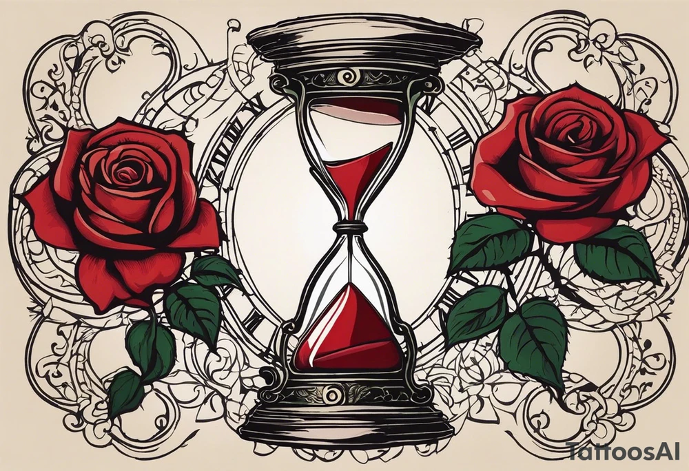 I want a tattoo-inspired design for a t-shirt that features a striking hourglass with a hand clock in the center, where the clock numbers are Amazigh numerals. The hourglass should have a bold, detailed look, with sharp lines and shading. Thorny roses should wrap tightly around the hourglass, with their vines and thorns creating a sense of depth and movement. Planets and stars should be incorporated in a way that they appear to orbit or emerge from behind the hourglass, giving the design a cosmic, timeless feel. The overall aesthetic should be bold and detailed, similar to blackwork tattoo designs, with a mix of natural and celestial elements." tattoo idea