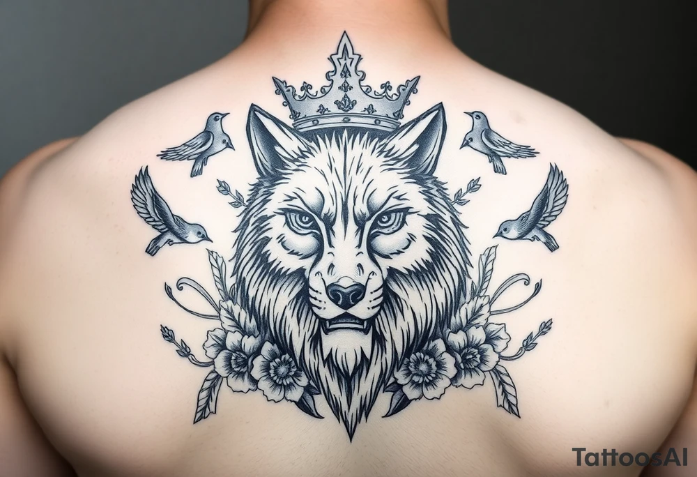 powerful majestic wolf with a crown, surrounded by floral ornaments and birds tattoo idea