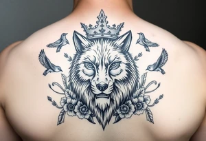 powerful majestic wolf  with a crown, surrounded by floral ornaments and birds tattoo idea