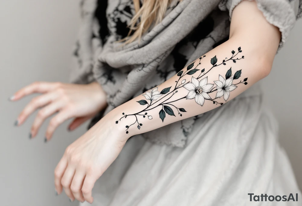 starting from a band mid-forearm, a sleeve of holly flowers and daffodils tattoo idea