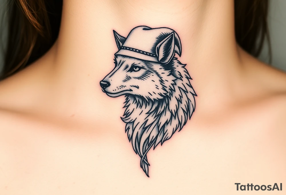 Wolf wearing a sheep like a costume with the sheep's head shapes to a hat tattoo idea