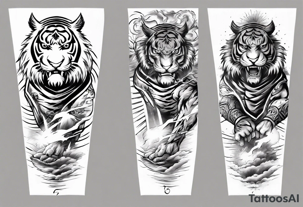 Tiger warrior with lightning and the sun for a forearm sleeve tattoo idea