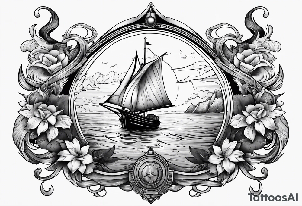 Wolf with sail boat on water and anchor tattoo idea