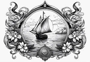 Wolf with sail boat on water and anchor tattoo idea
