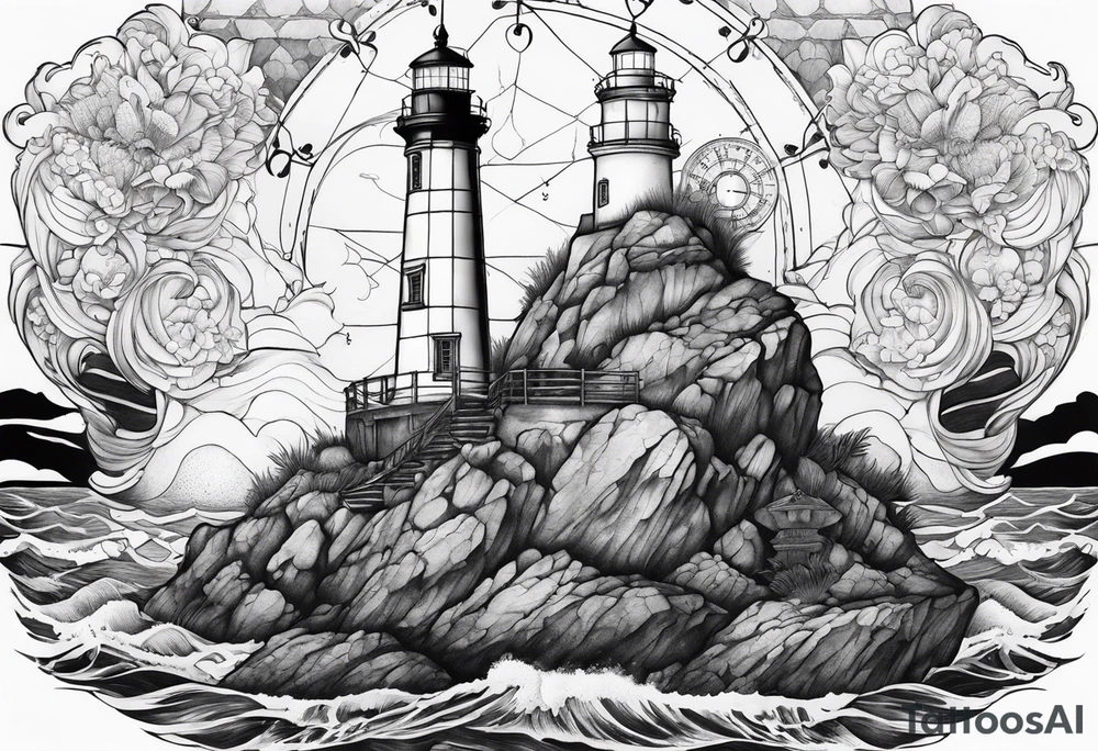 Mermaid sitting on a lighthouse’s rock, vessel in a storm, a compass, a nautical chart tattoo idea