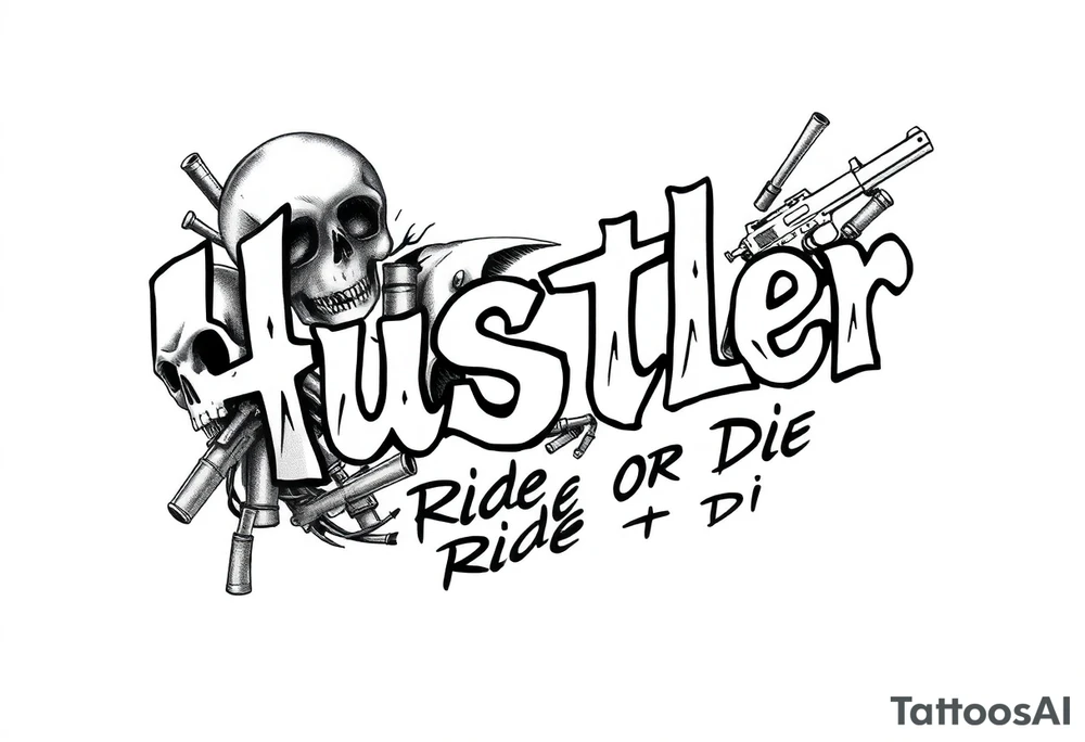 The word "hustler" with dead skulls Hispanic cholas drugs and guns with abstract shades and the name Candice in it with the phrase ride or die filling up a part tattoo idea