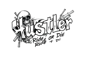 The word "hustler" with dead skulls Hispanic cholas drugs and guns with abstract shades and the name Candice in it with the phrase ride or die filling up a part tattoo idea