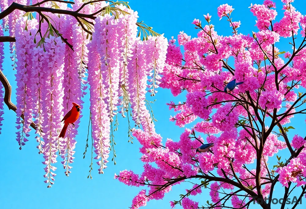 The American wisteria tree drapes its cascading clusters of lavender-hued blossoms over twisted, woody vines, filling the air with a subtle, sweet fragrance as its delicate petals catch the golden sunlight. Nearby, an Eastern redbud stands in striking contrast, its branches bursting with vibrant pink blossoms that appear like tiny, glowing jewels against the deep blue sky, creating a breathtaking springtime spectacle. Perched among these floral canopies, a brilliant red cardinal sings its clear, whistling notes, its fiery plumage standing out boldly against the pastel backdrop, while an indigo bunting flits gracefully from branch to branch, its shimmering blue feathers reflecting the light like a tiny piece of the sky brought to life. A downy woodpecker, with its black-and-white spotted wings and a splash of red on its crown, rhythmically taps against the wisteria’s gnarled branches, adding a soft, percussive beat to the symphony of birdsong that fills the serene, blossoming landscape. tattoo idea
