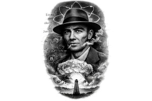 Design a highly detailed black-and-grey realism tattoo of J. Robert Oppenheimer, vertical composition for an upper arm/forearm tattoo. Oppenheimer is shown from the chest up in his iconic 1940s suit and fedora, gaunt face, intense distant expression, cigarette smoke curling around him. Behind his portrait is the Trinity atomic bomb test exploding over the New Mexico desert, with a massive mushroom cloud glowing white at the center and fading into dark smoke. Integrate a subtle atomic orbital symbol behind his head like a halo, thin handwritten theoretical physics equations, nuclear fission diagrams, and faint blueprint-style schematics of the Trinity bomb throughout the background. At the bottom, show a lonely desert test tower silhouetted against the blast. Hide a small Los Alamos security badge or Manhattan Project symbol within the composition. Dramatic chiaroscuro lighting, extremely high contrast, deep blacks, smooth greywash shading, realistic skin texture, vintage 1940s atmosphere, haunting and intellectual rather than cartoonish. Tattoo-ready design, clean silhouette, readable from a distance, strong focal hierarchy, negative space between elements, no rectangular background, elements naturally fading into skin, professional award-winning tattoo design, black ink and greywash only, hyper-detailed engraving mixed with photorealism. tattoo idea