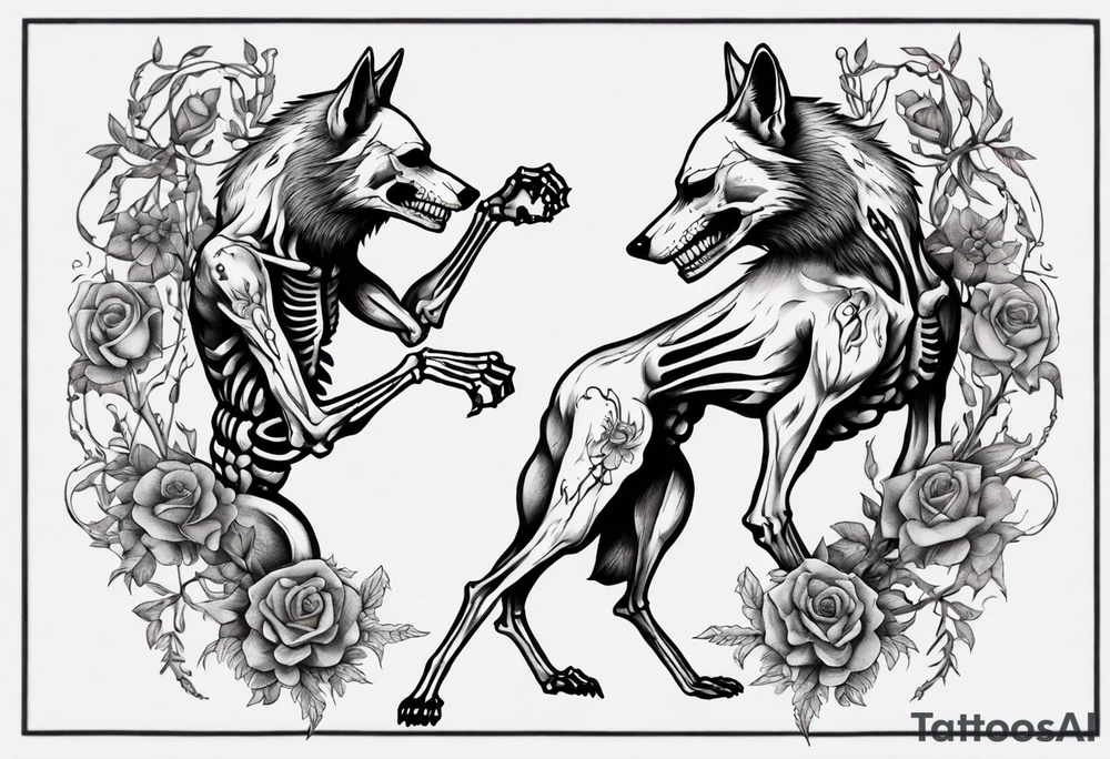 two wolf skeletons dancing tattoo idea