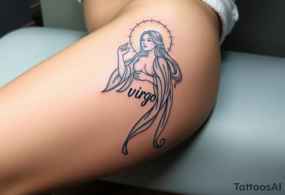 A celestial woman with glowing silver robe on her skin with the word virgo tattoo idea