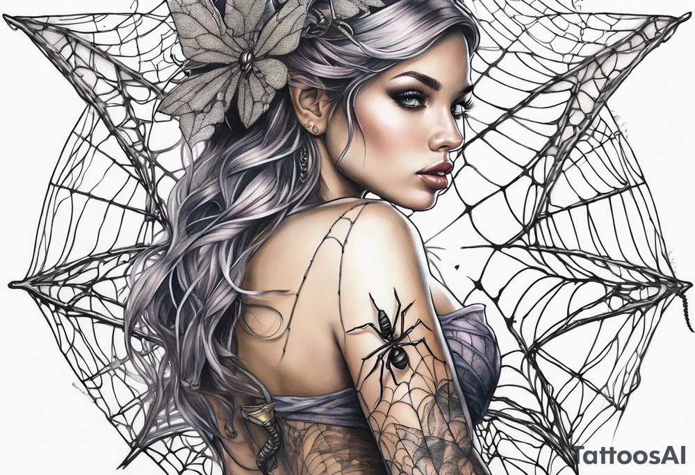 Fairy with bottom half of body wrapped up by spider web tattoo idea