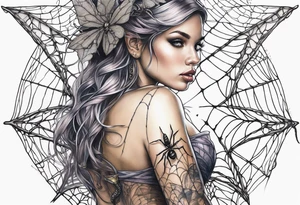 Fairy with bottom half of body wrapped up by spider web tattoo idea