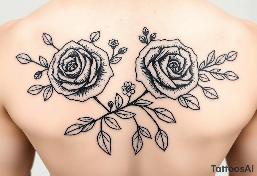 Traditional style black ink with 2 wild roses with forget me nots an olive branch and a lot of leaves tattoo idea