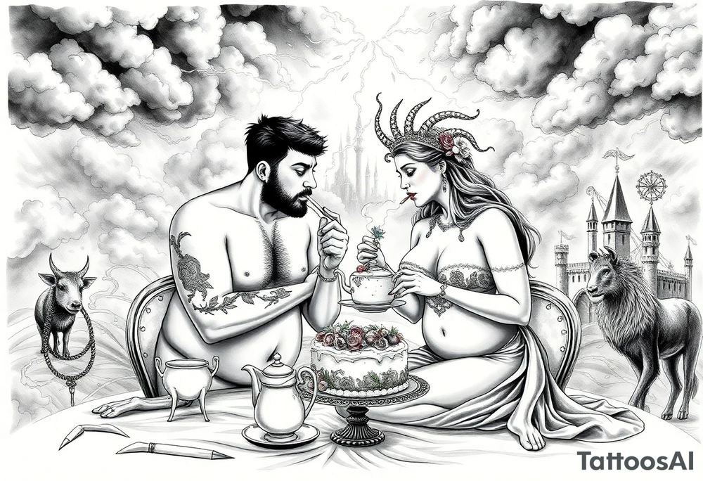 Mystical Naked Man and woman eating cake  having sex Storm lightening clouds gothic sexy naked fat lady having a tea party with tea pot and medieval castle explosions
with a piggy, peacock, noose, lion, goat, smoking cigerettes looking in the mirror thru storm clouds with razor blades and broken hearts and darkness and wrath, envy , gluttony, greed, sloth, pride kill tattoo idea