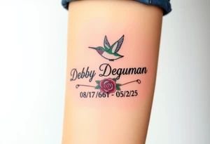 Cursive name Debby Deguzman surrounded by a hummingbird a rose and these dates 08/17/61 - 05/29/25 tattoo idea