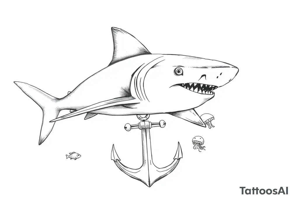 a hammerhead shark under it an anchor,fishes,jellyfisches,octopus. tattoo idea