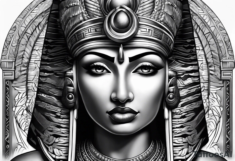 black and gray photo realistic goddess isis with minimal detail tattoo idea