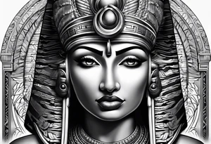 black and gray photo realistic goddess isis with minimal detail tattoo idea