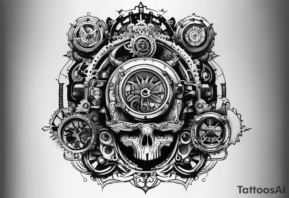Powerful phantom like powered by an engine featuring an "steampunk desing" in the image appears a psiton and a turbo, also the dseign must be vertical. Also, the desing must be minimalistic not saturated. tattoo idea
