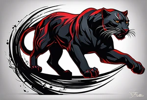 unique black panther tattoo, dynamic pose, showcasing its strength and grace, striking red eyes, intense and captivating elements, artistic flair, blending realism with abstract elements tattoo idea