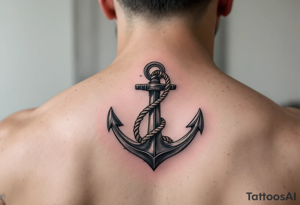 weathered anchor wrapped in nautical rope with sea waves tattoo idea