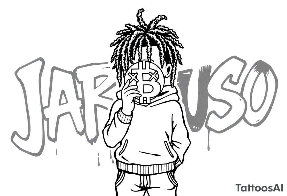 Create a tattoo stencil Use a street-art / pop-art vibe with a cartoon figure with dreadlocs holding a bitcoin to cover his eyes have bold lines, “x” for eyes. make them have on a hoodie and jogger sweatpants have in the background in graffiti letters “Jaruso” tattoo idea