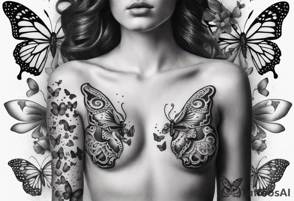 Mechanic body girl torso surrounded by butterflies tattoo idea