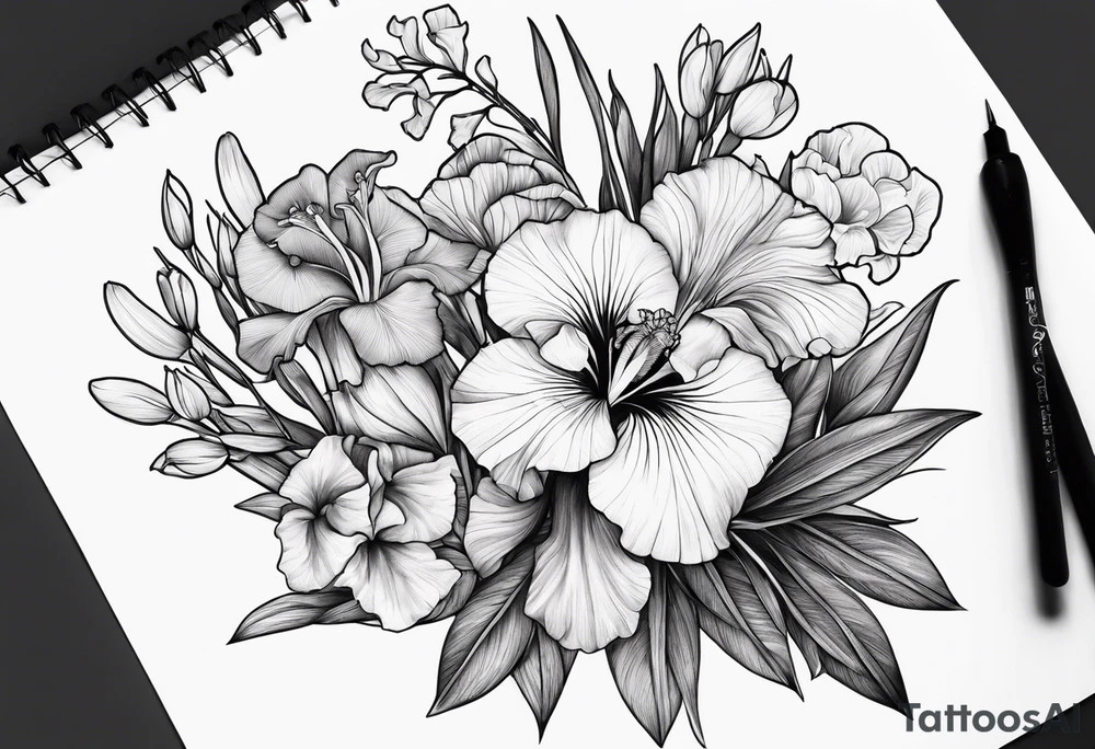 bouquet of biolet, primrose, and iris flowers tattoo idea