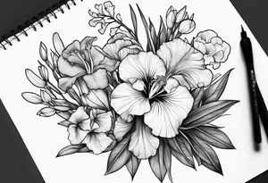 bouquet of biolet, primrose, and iris flowers tattoo idea