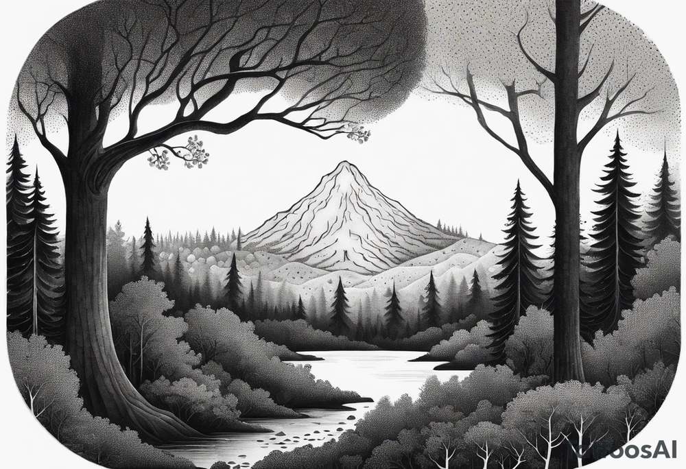 forest along the edges where there are fires below and in the distance with full trees tattoo idea