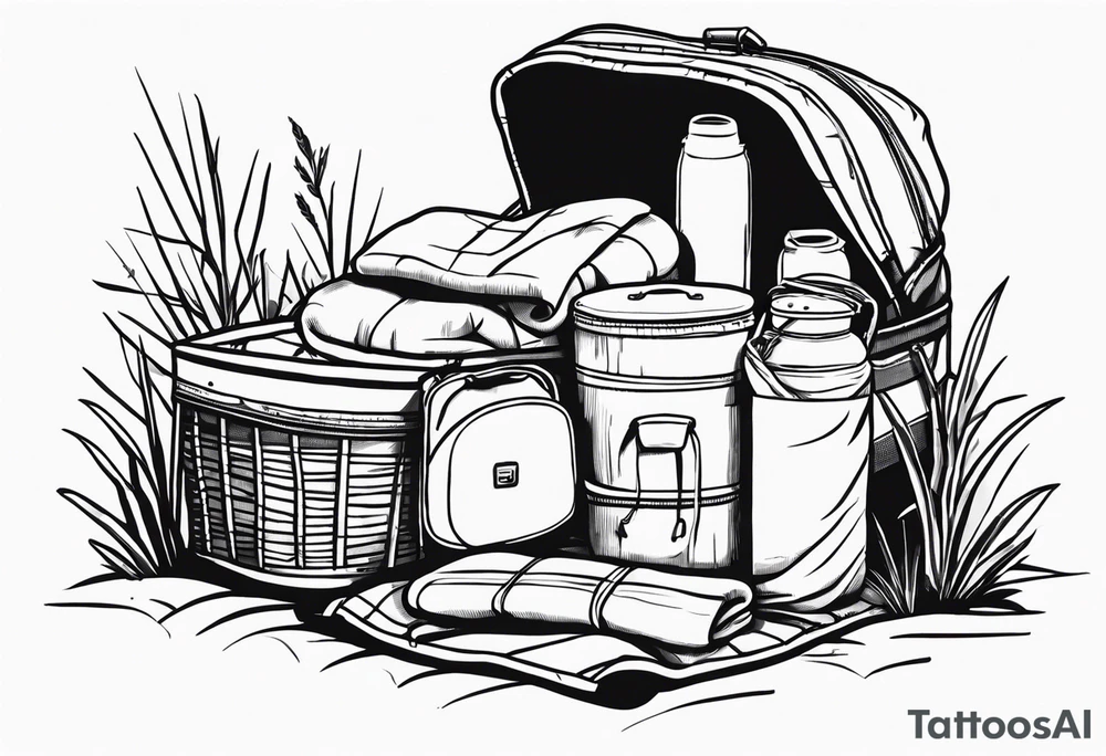 minimalstic picnic scene in nature. A blanket on the ground with one picnic-basket with lid, one backpack, one old speaker and 2-3 pillows to sit on and tennants. tattoo idea