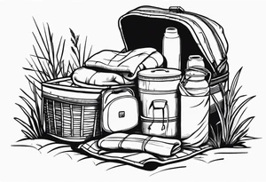 minimalstic picnic scene in nature. A blanket on the ground with one picnic-basket with lid, one backpack, one old speaker and 2-3 pillows to sit on and tennants. tattoo idea