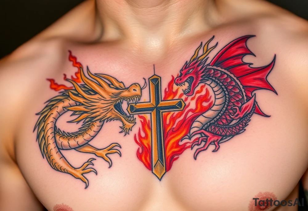 Gold dragon breathing fire at red dragon breathing with Jesus in the middle blocking both flames tattoo idea