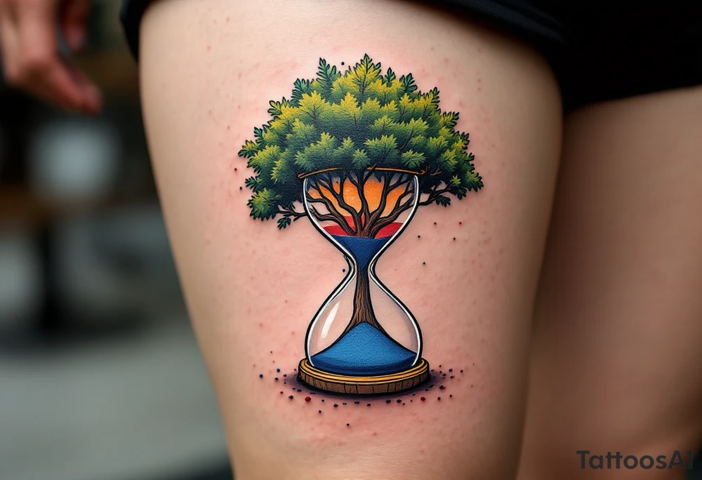 A tree single standing hourglass in three different colors of sand in white, red, and deep blue tattoo idea
