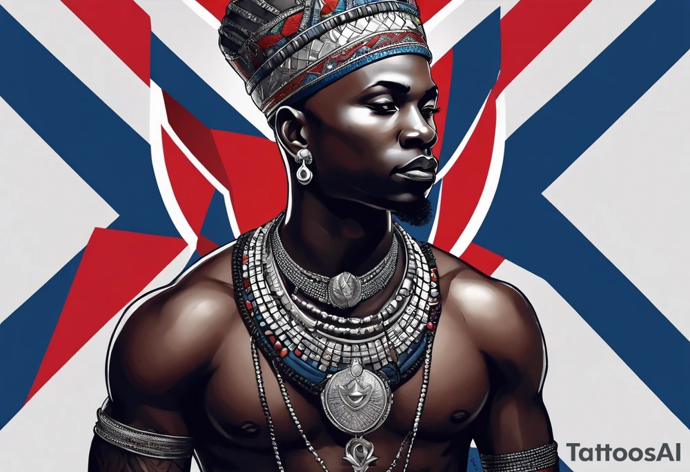 Black-skinned bald african warrior. He wears a simple and small silver crown. He uses blue and red necklaces tattoo idea