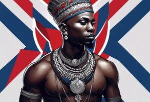 Black-skinned bald african warrior. He wears a simple and small silver crown. He uses blue and red necklaces tattoo idea